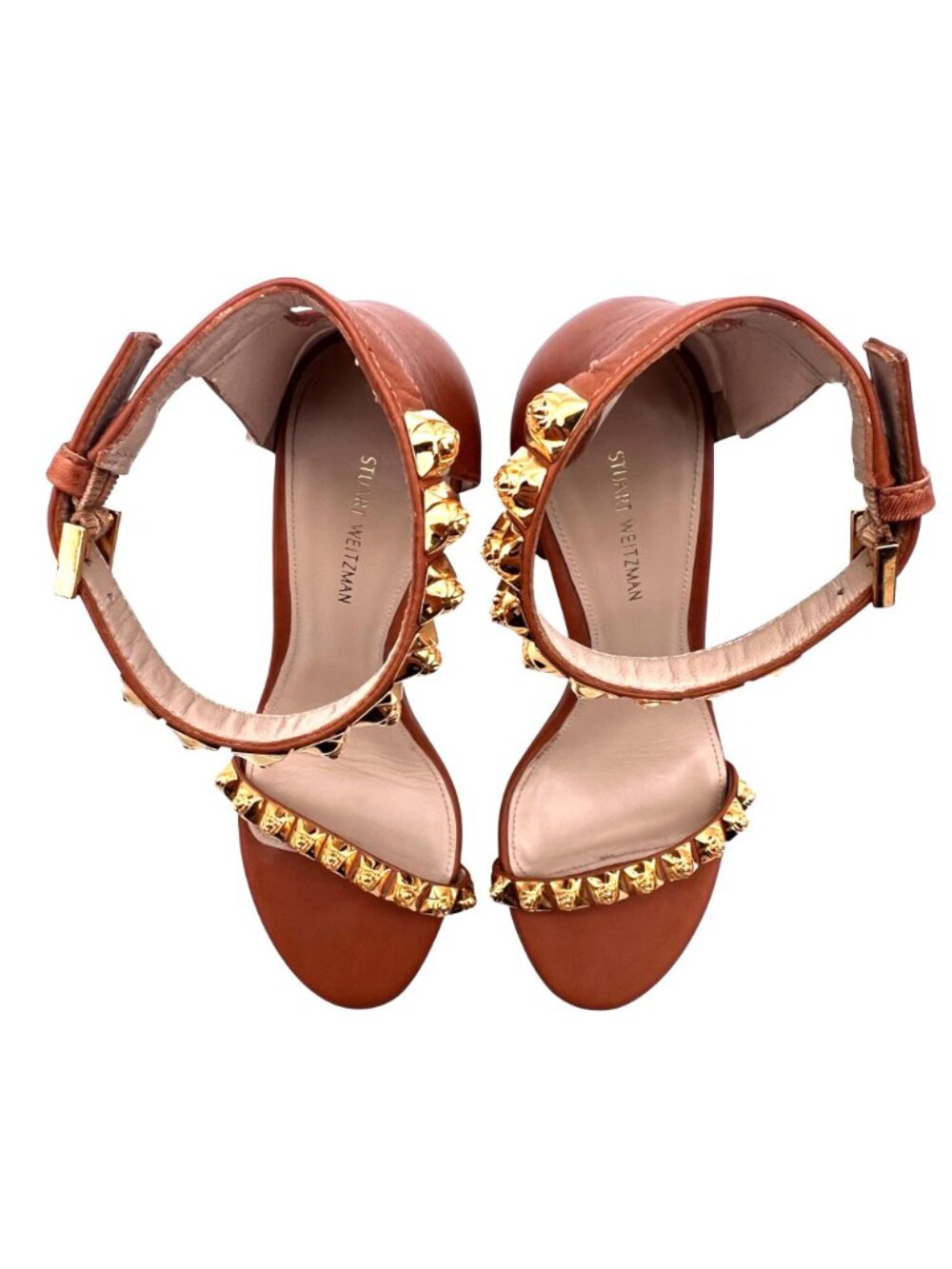 Stuart Weitzman Rosemarie Cognac Gold Stud Block Heels Ankle Strap 7.5B Spain - Picture 15 of 16